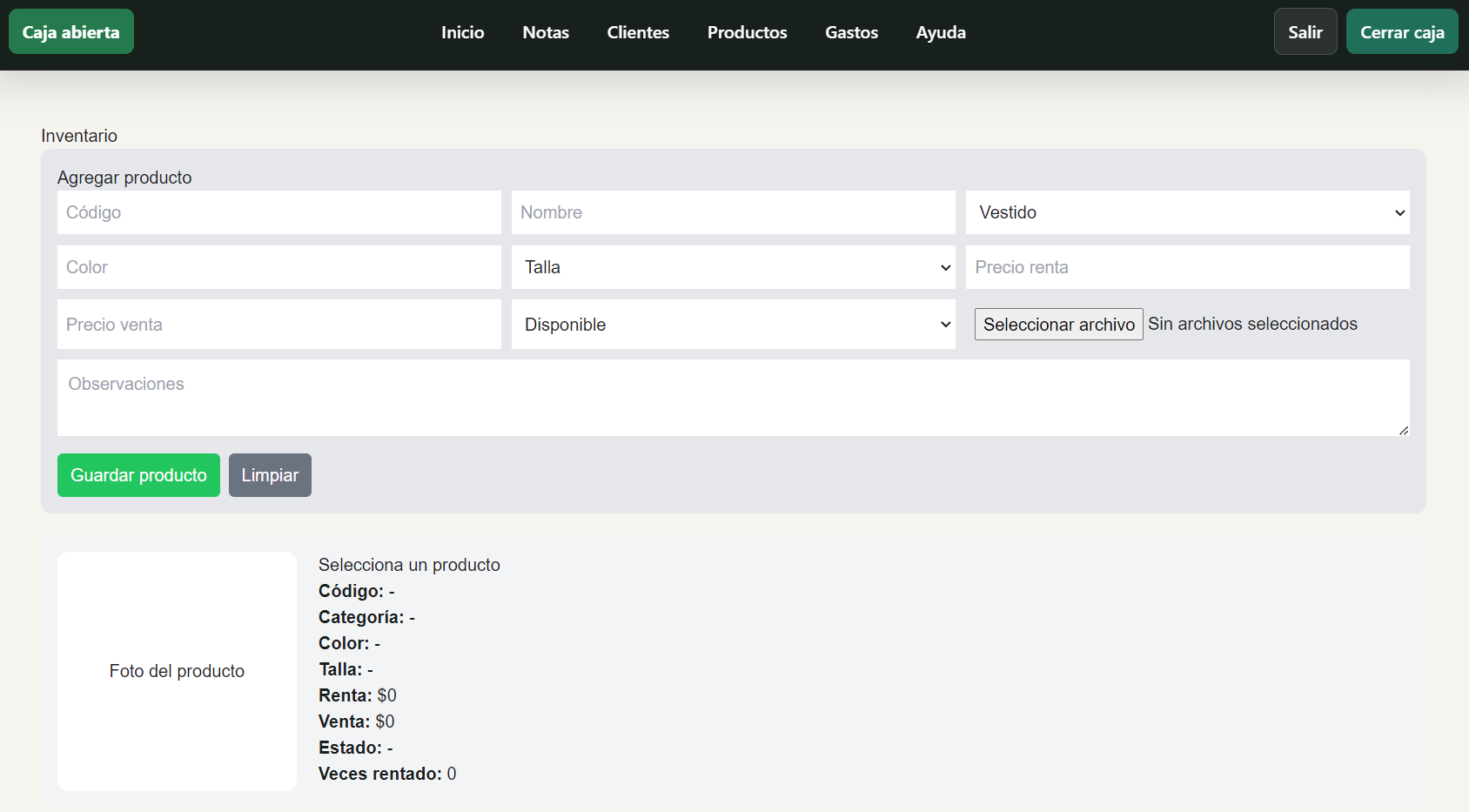 Inventario de productos en Dressa