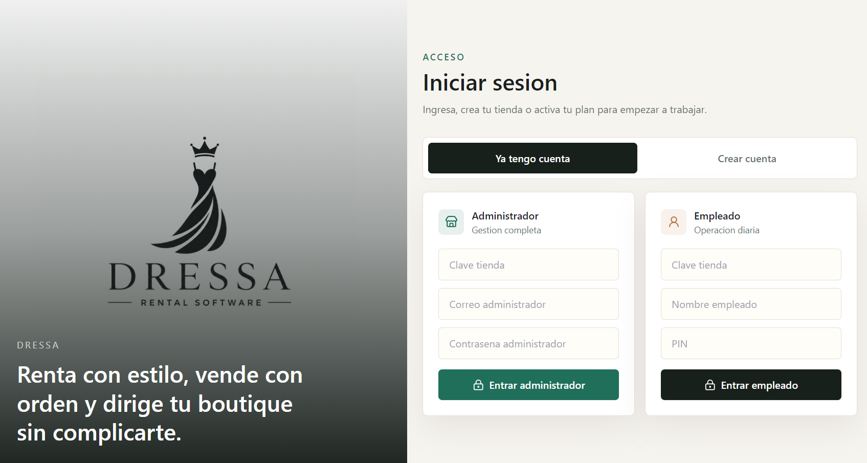 Pantalla de inicio de Dressa